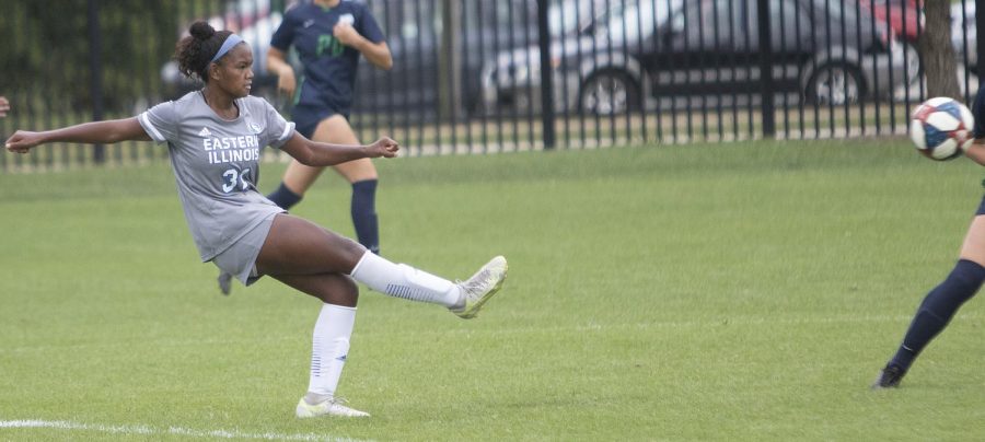 Eastern forward Zenaya Barnes boots the ball downfield in Eastern’s 3-0 win over Illinois Springfield Aug. 22 at Lakeside Field. Barnes had an assist and three shots in the game with one shot on goal. 