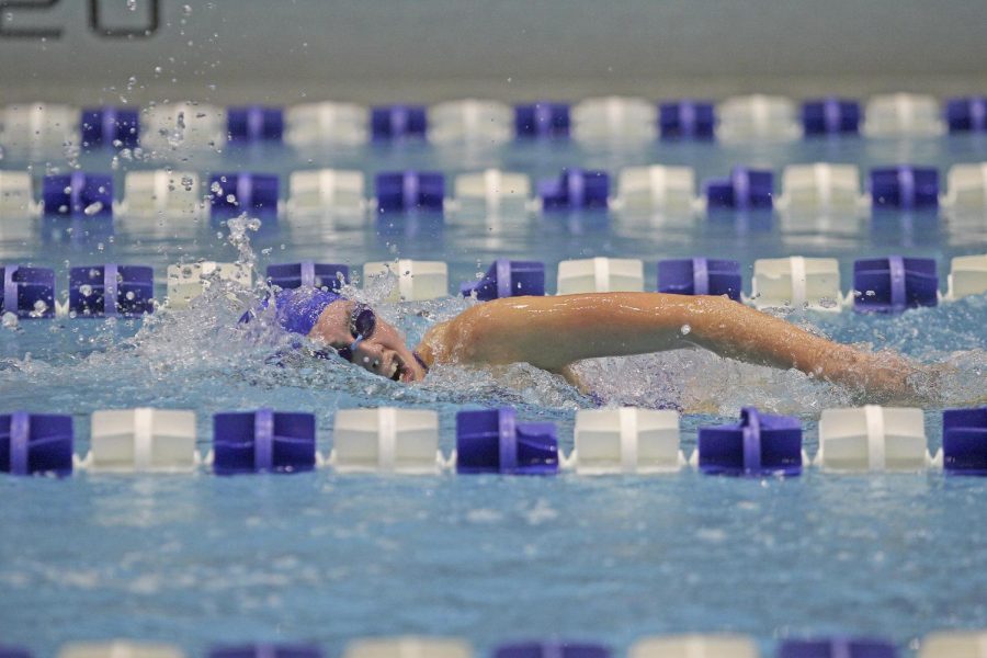 Eastern freshman Emma Ballantyne competes in the 1000 yard freestyle in a meet against Ball State on Oct. 29 at Padovan Pool. The women’s swimming team lost the meet 174-84.