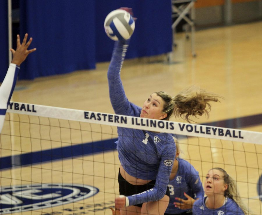 Eastern outside hitter Ireland Hieb rises up for a kill attempt in a match against Tennessee State on Oct. 30 in Lantz Arena. Hieb had 15 kills and 6 block assists in the match, a 3-1 Eastern win.