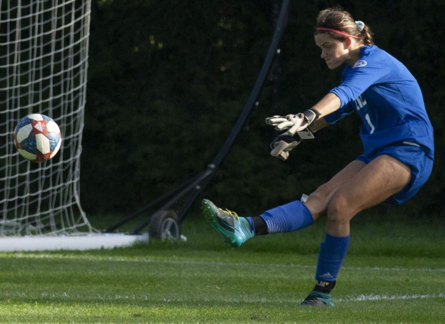 Eastern goalkeeper Faith Davies kicks the ball downfield in a match against Southern Illinois-Edwardsville on Oct. 19 at Lakeside Field. Davies had 4 saves in the match, which Eastern lost 2-0. 