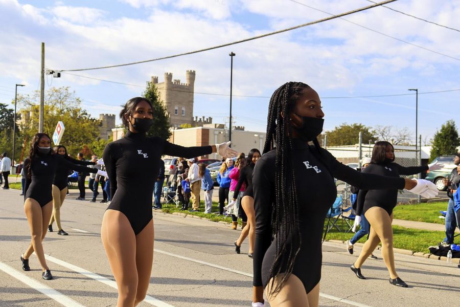 Eastern’s first Southern Majorette team performs at the homecoming parade. 