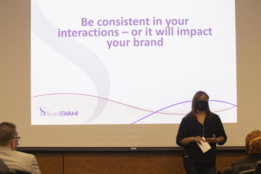 Krupal Swami, Founder and CEO of Team Swami, presents her “I am a Woman in Tech, What’s Your Superpower?” presentation to students in Lumpkin Hall Tuesday evening. Swami gives advice throughout her “Lessons Learned” slides and recounts stories of her being the only women in a room full of men in technology related settings.