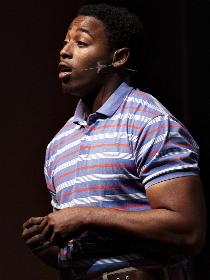 Arron Whitt, a junior theatre arts major, plays Justin in the “Blood at the Root” play directed by Janai Lashon at the Doudna Fine Arts Center Theatre Thursday night.