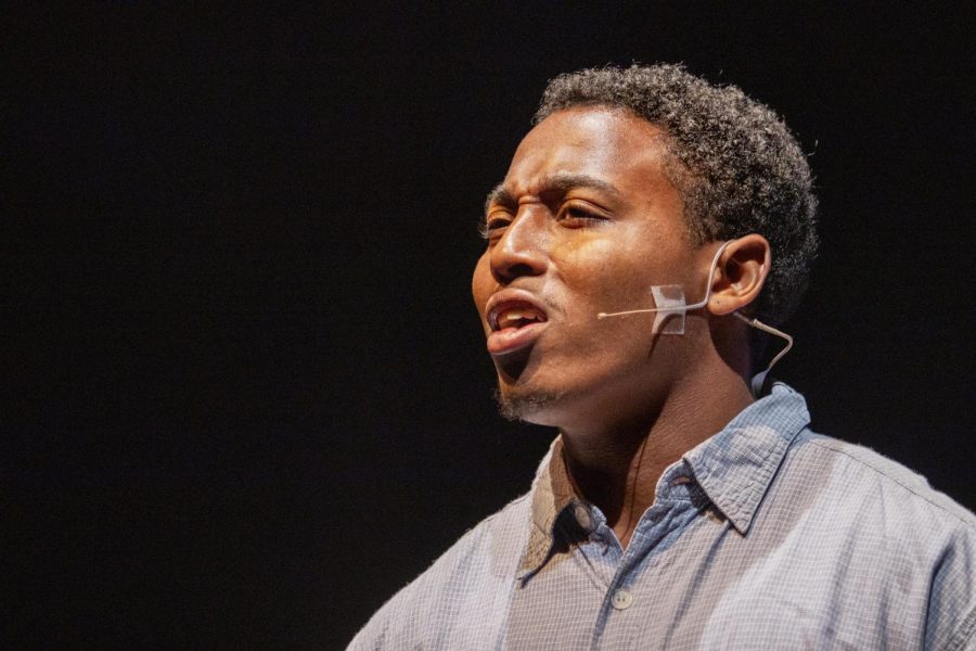 Arron Whitt, a junior theatre arts major, plays Justin in the play “Blood at the Root” directed by Janai Lashon at the Doudna Fine Arts Center Theatre Thursday night.