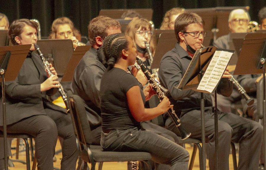 Students play the clarinet at Thursday night’s Wind Symphony Band performance at Doudna Fine Arts Center in Dvorak Concert Hall.