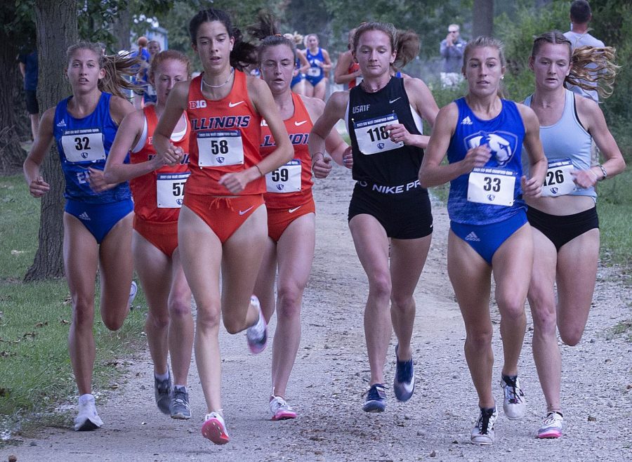 Eastern+runners+Kate+Bushue+%2832%29+and+Lindsey+Carlson+%2833%29+participate+in+the+EIU+Walt+Crawford+Open+on+Sept.+3+at+the+Tom+Woodall+Panther+Trail.+Both+Bushue+and+Carlson+earned+first+team+All-OVC+honors+this+season+and+Carlson+won+OVC+Runner+of+the+Year.