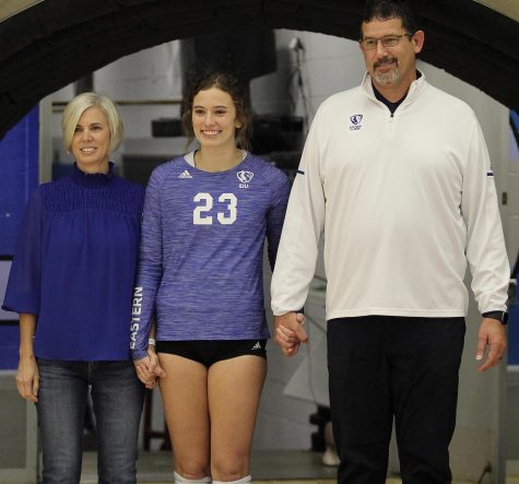 Redshirt senior outside hitter Kylie Michael and her family celebrate the volleyball team’s senior night at Saturday afternoon’s game at Lantz Arena. Michael had 13 kills during the match. The Panthers lost 3-1 against Austin Peay.