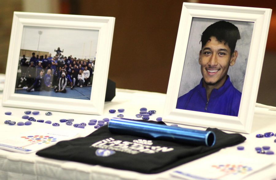 A tribute at the front enterance of the memorial service that people could view. As part of the tribute, pictures of Jason Aguilar and teammates and other mementos were placed. 