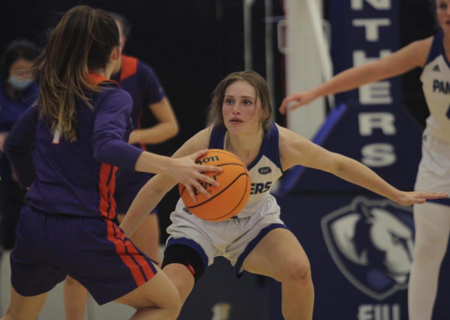 Eastern guard Kira Arthofer guards an opposing player in the Panthers game against Evansville on Nov. 20 in Lantz Arena. Arthofer had 16 points in the game, which Eastern won 85-74 in double overtime.  