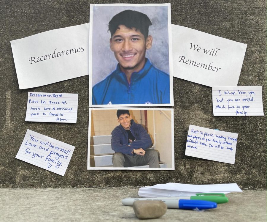 A+memorial+encouraging+students+to+write+notes+in+memory+of+Jason+Aguilar%2C+an+Eastern+track+athlete+and+sophomore+accounting+major+who+died+Oct.+30+is+at+the+Mellin+Steps+Tuesday+afternoon.
