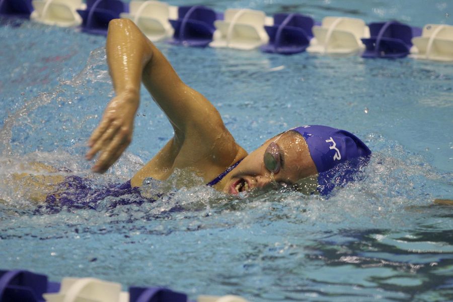 Eastern sophomore Pheobe Croston competes in the 500 yard freestyle against Ball State on Oct. 29 at Padovan Pool. Croston finished with a time of 5:37.74. The women’s swim team lost 174-84. 