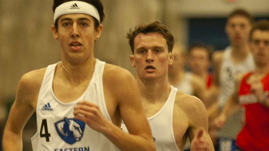 Eastern+runners+Adam+Swanson+%28left%29+and+Dustin+Hatfield+compete+in+an+event+in+the+Lantz+Fieldhouse+during+the+2020+indoor+track+season.