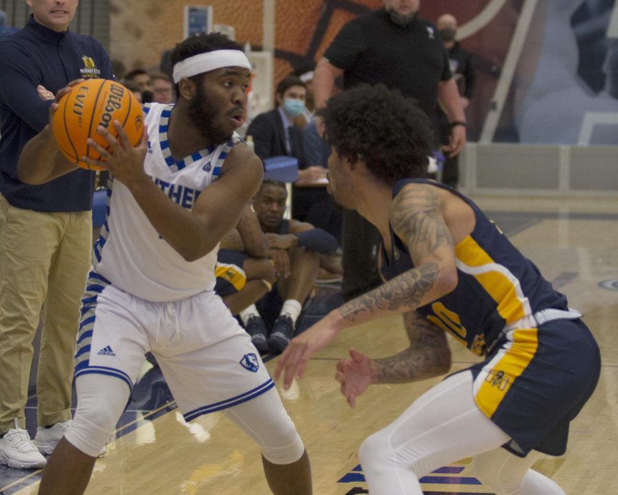 Eastern guard Kashawn Charles surveys the court in the Panthers game against Murray State on Jan. 17 in Lantz Arena. Eastern lost the game 72-46. 