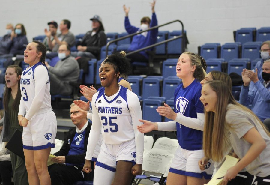 The women’s basketball team celebrates a win over the Tennessee States Tigers on Saturday at Lantz Arena. The game went into overtime with the score 68-68, with the final score being 78-70.