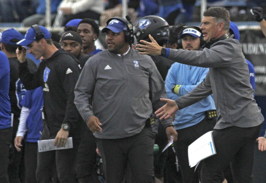 Eastern head coach Adam Cushing (right) expresses displeasures with a call on the field in Eastern’s Homecoming Game against Tennessee State on Oct. 23, 2021, at O’Brien Field. Eastern lost to the Tigers 28-0.