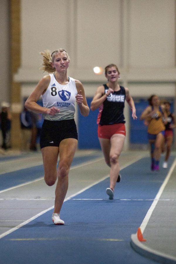 Eastern’s Breanna Sheldon runs the women’s mile at the John Craft Invite meet on Jan. 15 in the Lantz Fieldhouse. She finished with a time of 5:36.24. 