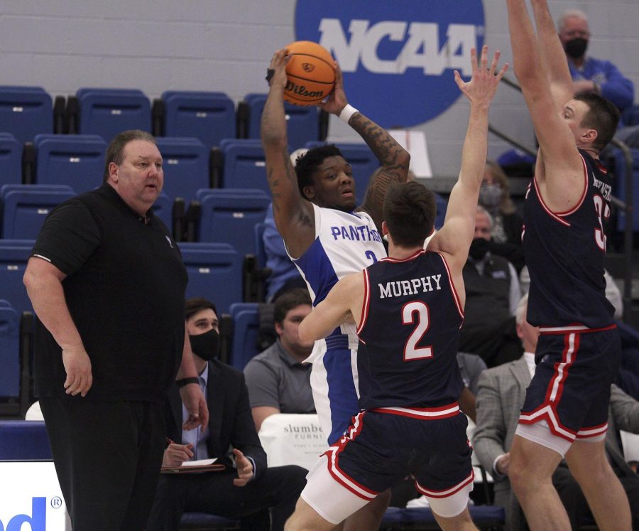 Eastern guard Kejuan Clements gets trapped by Belmonts defense in the Panthers game against the Bruins on Jan. 17 in Lantz Arena. Clements had a total of 5 assists. The Panthers lost 90-56 to the Bruins.