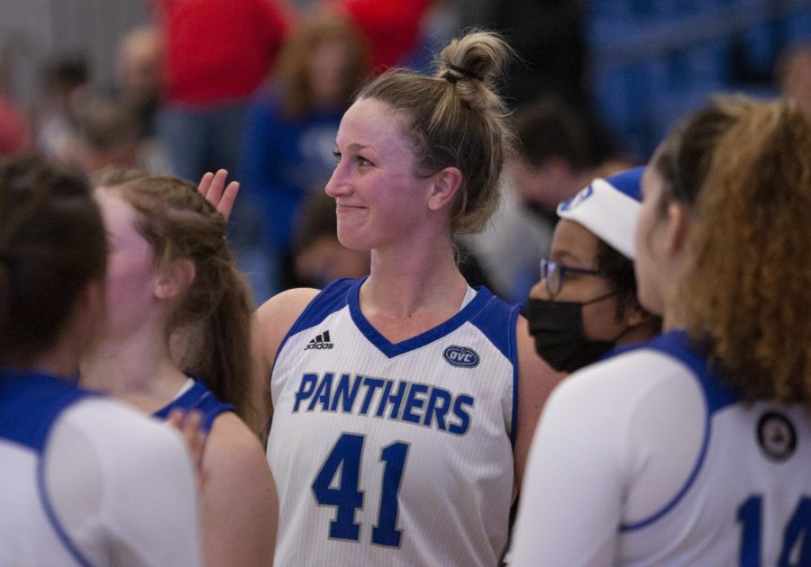Eastern+forward+Abby+Wahl+waves+to+her+family+in+the+crowd+after+the+womens+basketball+teams+68-56+win+over+Austin+Peay+on+Saturday+in+Lantz+Arena.+Wahl+scored+a+season-high+20+points+in+the+game.+It+was+also+Senior+Day+for+the+Panthers%2C+as+Wahl+and+her+teammates+Jordyn+Hughes+and+Kira+Arthofer+were+honored+before+the+game.+