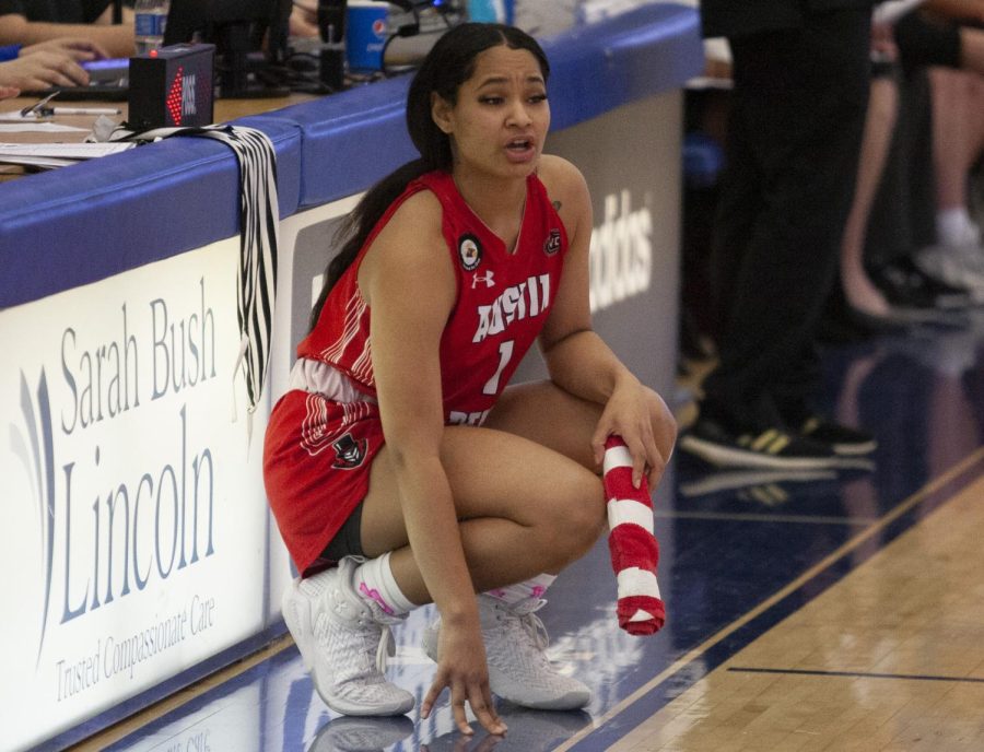 Austin Peay guard Karle Pace waits to check in to the womens basketball game between Austin Peay and Eastern at Lantz Arena Saturday. Pace returned to Lantz Arena for the first time since last year when she was a senior for the Panthers. She ranks 11th in Eastern history with 1,387 points. 