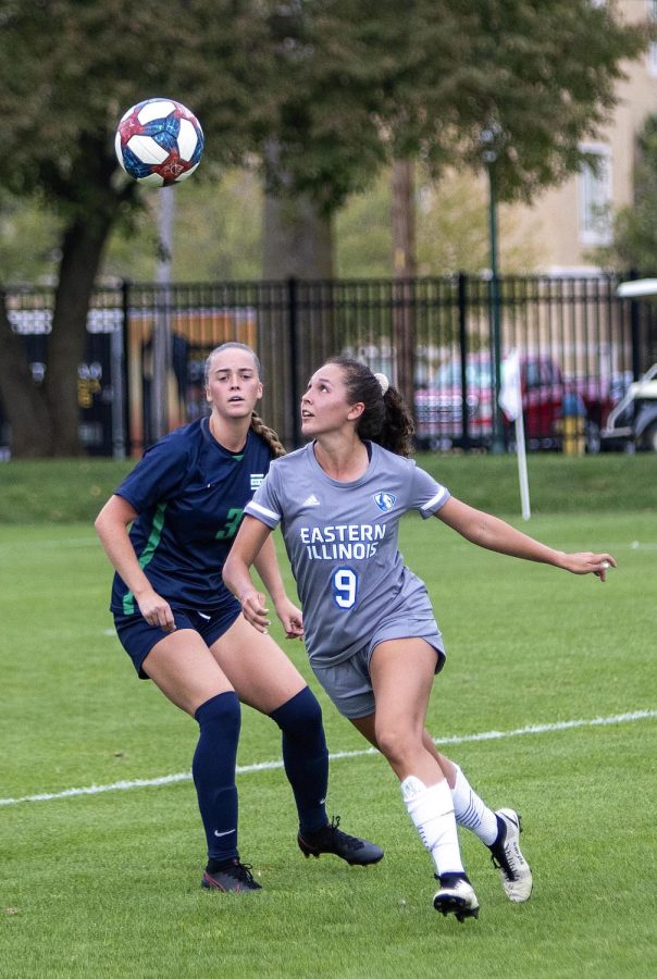 Eastern forward Serra Pizano gets into position to head the ball in Easterns match against Chicago State on Sept. 3, 2021, at Lakeside Field. Pizano had a goal in the match, which Eastern won 1-0. 