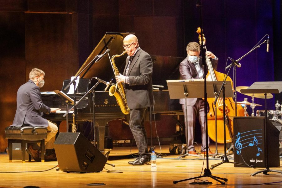 Bob Sheppard, an American saxophonist, plays alongside the EIU  Faculty Jazz Trio consisting of, from left, Paul Johnston, Andrey Gonçalves, and (not featured) Jamie V. Ryan at the 62nd Annual Jazz Festival at The Doudna Fine Arts Center in the Dvorak Concert Hall on Saturday.