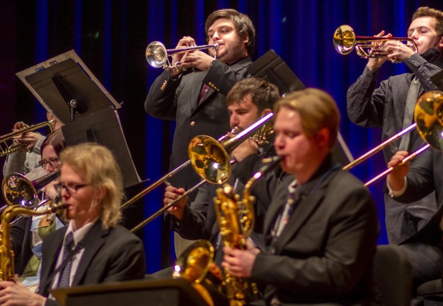 Trumpeter Luke Noble, a senior music performance major, performs in the 62nd Jazz Festival, featuring Bob Sheppard in The Dounda Fine Arts Center in the Dvorak Concert Hall on Feb. 5. Noble, alongside the other jazz ensemble performers played with Sheppard, an American jazz saxophonist, who was the guest of the festival.