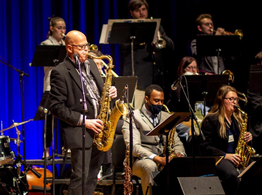 Bob Sheppard, an American saxophonist, solos at the  62nd Annual Jazz Festival in the Dvorak Concert Hall in The Doudna Fine Arts Center on Saturday. Sheppard played alongside EIU students and faculty during the performance. 