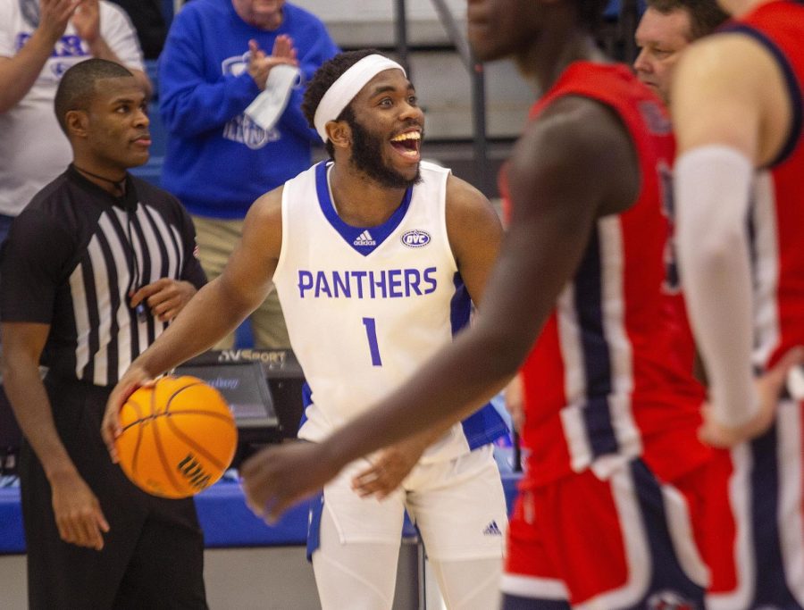 Guard Kashawn Charles celebrates during the final seconds of a win over Tennessee-Martin on Saturday at Lantz Arena. Charles had a career-high of 27 points in the game, which the Panthers won 82-70 against the Skyhawks.