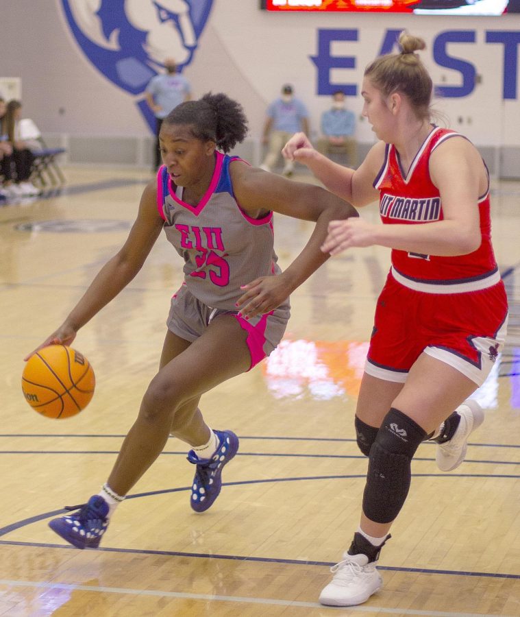 Freshman forward Taris Thornton drives towards the basket at the women’s basketball game against Tennessee-Martin on Feb. 12 at Lantz Arena. Thornton had four points. The Panthers lost 58-45 to the Skyhawks. 