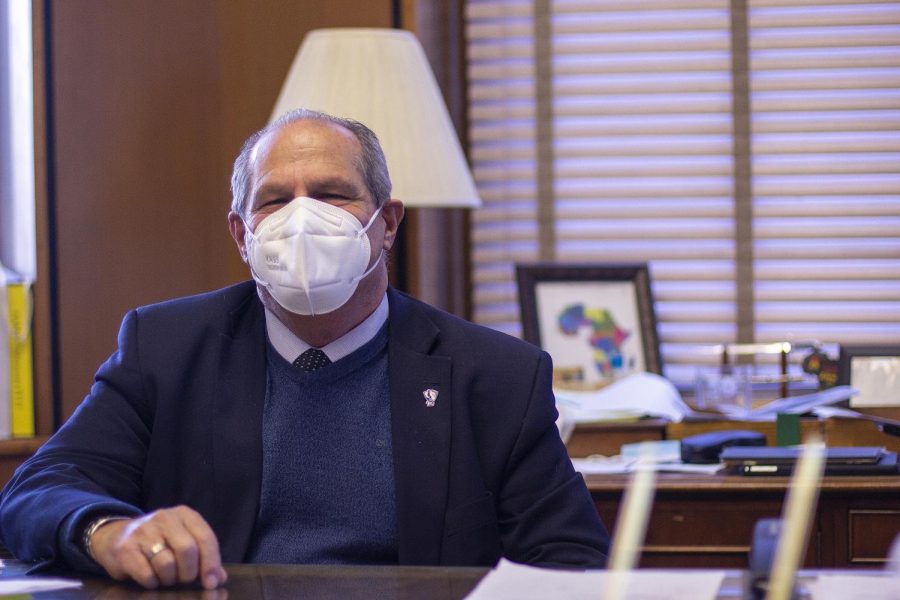 A profile shot of University President David Glassman at his desk in the Presidental Office in Old Main on Monday.