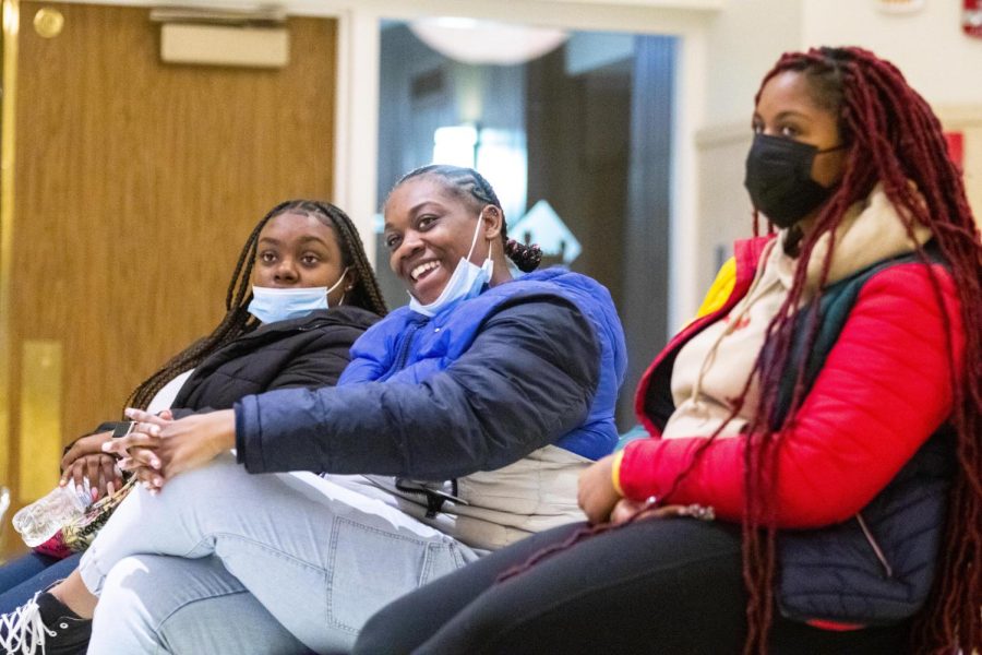 From left to right, Elajah Brazzleton, a freshman early childhood education major, DeShiya Hughes, a freshman psychology major, and Alicia Ferguson, a broadcast journalism major, have discussions about black women on reality television and relate it to their own lives and how they personally feel during the Black Women and Reality TV...Is it For the Culture? in the University Ballroom of Martin Luther King Jr. University Union Tuesday night.