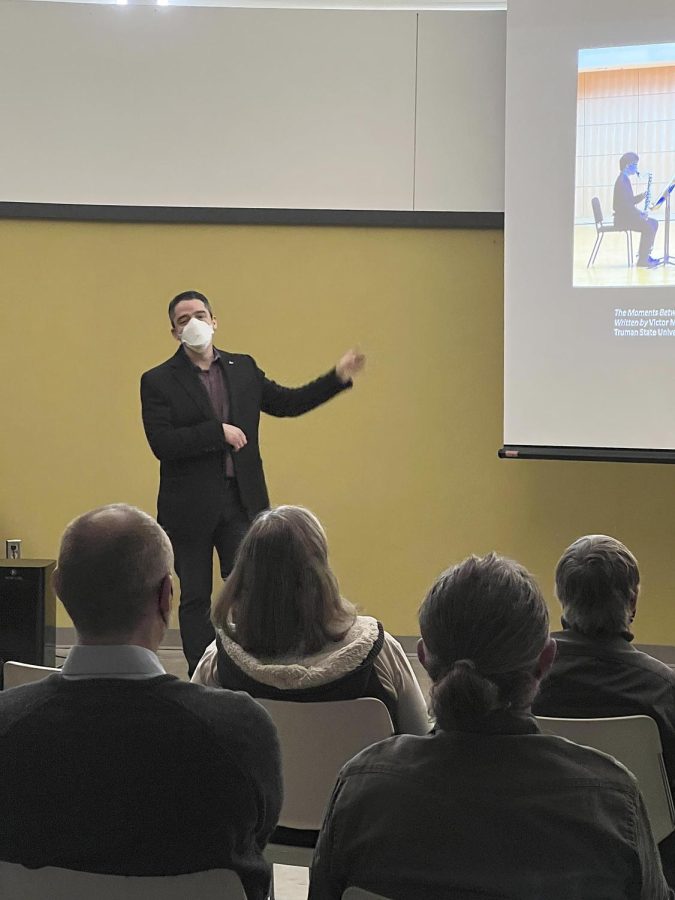 Composer Victor Marquez-Barrios, presents a piece of music he wrote during the Art Speaks event at Tarble Friday. Marquez-Barrios is from Venezuela and has written music performed by ensembles across the world. 