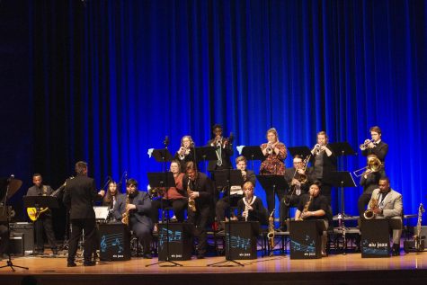The Jazz Lab Band performs on Tuesday night in Doudna Fine Arts Centers Black Box Theatre on Mar. 1st, 2022 at Eastern Illinois University in Charleston, Ill.