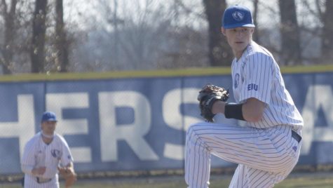 Eastern pitcher Kyle Lang winds up for a pitch against Bellarmine on March 9, 2021, at Coaches Field. Lang pitched a season-high 7 innings, allowing 6 hits and 1 run in an 8-1 Eastern win.