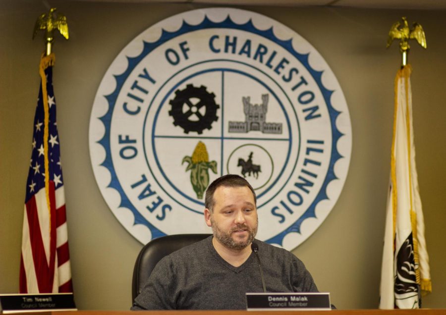 Councilman Dennis Malak steps up for Charleston Mayor Brandon Combs, who was absent at the City Council meeting on Mar. 1 at City Hall. Malak is addressing the public to see if there is any audience presentation. At the meeting the Council stopped declaring a local state of emergency because of the state-wide lift on mask requirements. 