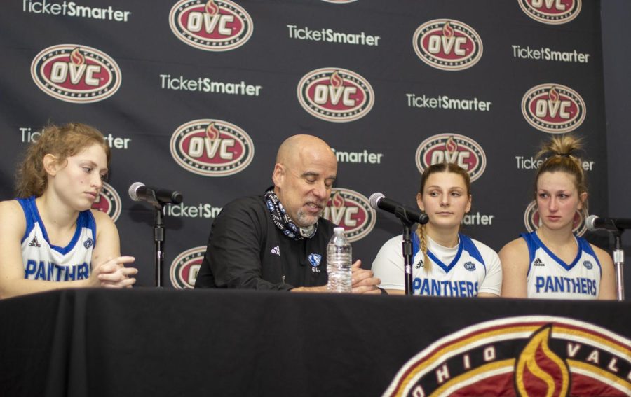 The+EIU+womens+basketball+teams%2C+from+left%2C+guard+Kira+Arthofer%2C+head+coach+Matt+Bollant%2C+guard+Jordyn+Hughes+and+Abby+Wahl%2C+answer+questions+at+the+press+conference+after+the+Panthers+72-61+loss+to+Tennessee+State+in+OVC+Tournament+in+Ford+Center+in+Evansville%2C+Indiana%2C+on+Wednesday.+It+was+the+last+game+for+the+three+players%2C+who+are+all+seniors.+