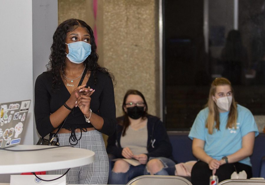 Student Senator Constance Young, a senior political science major, gives a presentation to appoint funds for the date/rape drug kits during the Student Senate meeting Wednesday in the Stevenson Hall lobby.