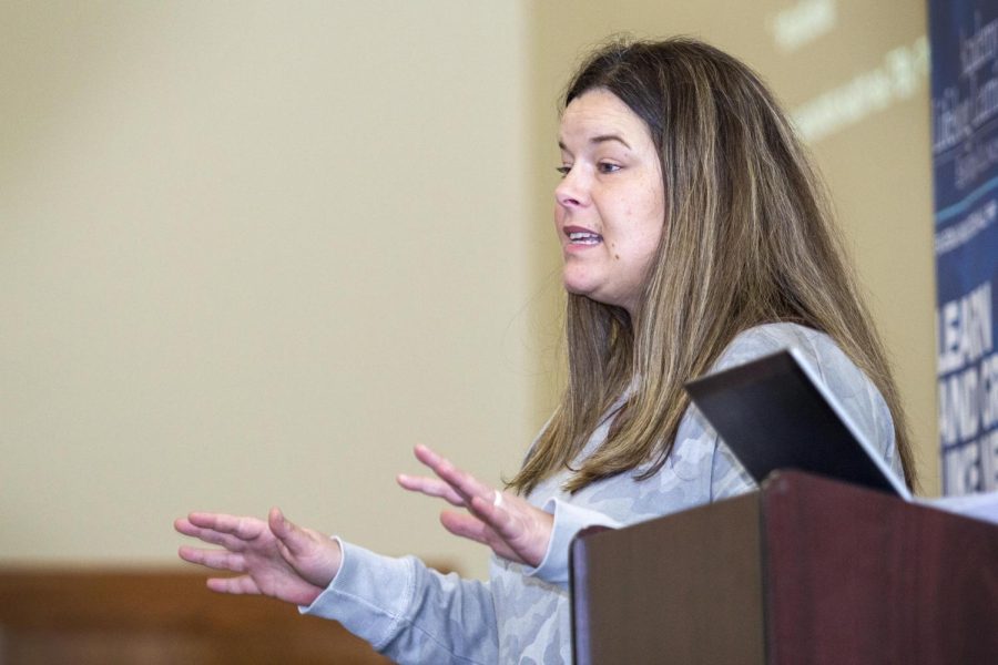 Author and army veteran Jennifer Hobbs speaks at her book lecture at Carnegie Public Library Wednesday morning. During the lecture Hobbs talks about the struggles she has overcome alongside her husband who was also a combat veteran in the same unit. 