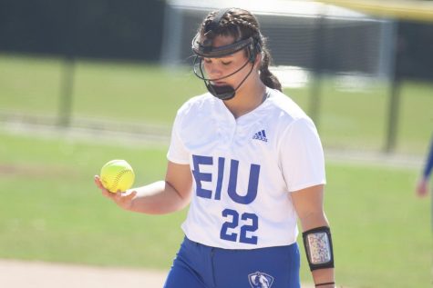 Eastern pitched Alexa Rehmeier prepares to face a batter in game one of a doubleheader against Morehead State on March 20 at Williams Field. Rehmeier threw a complete game shutout, striking out 10 batters as Eastern won 4-0. 