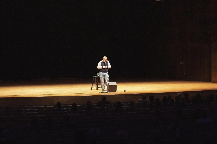 Keith Reza speaks about his experiences with having Asperger’s Syndrome for the Autism Conference Comedy night on Thursday in Doudna Fine Arts Center. 