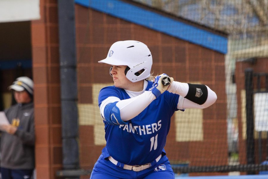 Maddie Swart, a senior political science major, gets in a hitting stance at the softball game vs. Murray State on Saturday afternoon. The Panthers won 8-0 against the Racers at Williams Field on April 2, 2022 at Eastern Illinois University in Charleston, Ill.