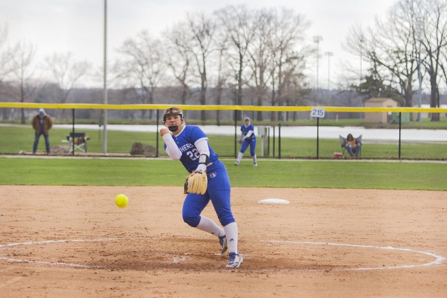 Alexa Rehmeier, right handed pitcher, and a freshman finance major, pitches the ball at the softball game Saturday afternon. The Panthers won 8-0 against the Racers at Williams Field on April 2, 2022 at Eastern Illinois University in Charleston, Ill.