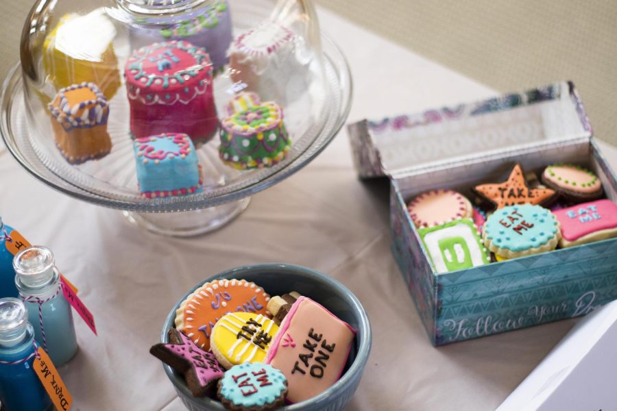 An Alice and Wonderland edible display piece of Alice’s Restaurant at the annual Edible Book Festival in Booth Library.