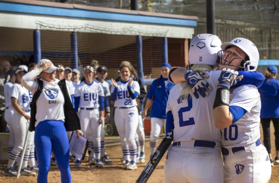Eastern+second+baseman+Hannah+Cravens+%2810%29+celebrates+with+shortstop+Megan+Burton+%282%29+after+hitting+a+home+run+in+the+second+game+of+a+doubleheader+against+Murray+State+Sunday+afternoon+at+Williams+Field.+Cravens+has+a+total+of+12+home+runs+on+the+season.+The+Panthers+won+5-0+against+the+Racers.+