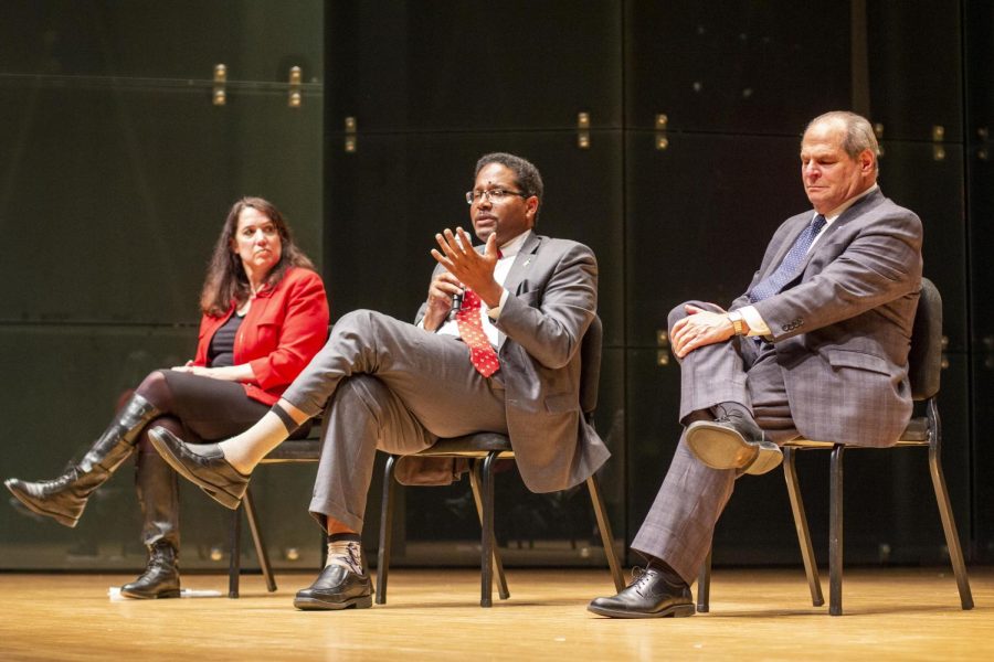 The Inclusive Excellence in Higher Education panel members featuring , from left, Executive Director of the Illinois Higher Education Board Ginger Ostro, the President of the University of Maryland at College Park Darryll Pines and Eastern University President David Glassman at Doudna Fine Arts Center Wednesday night. 