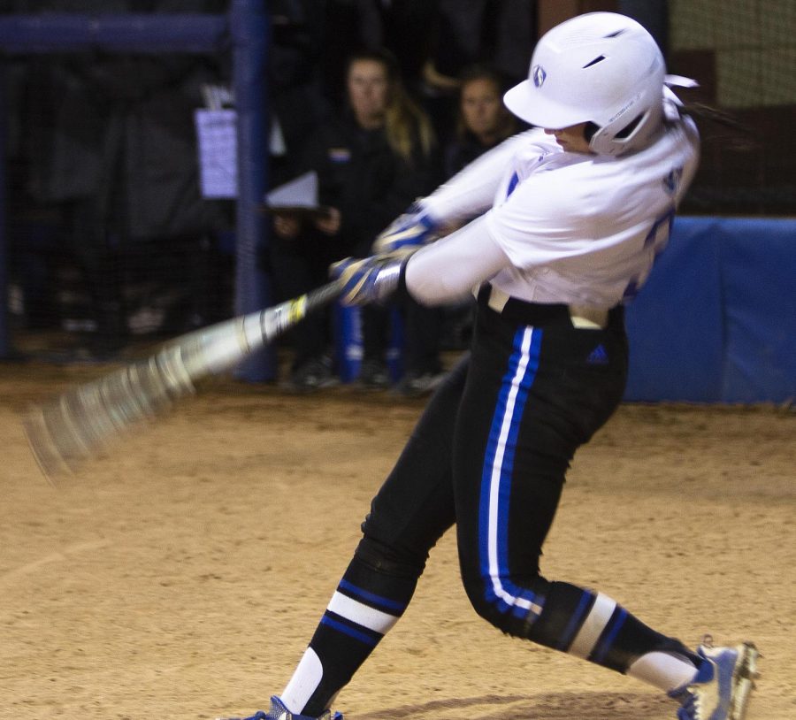 Jaylen Prichard (3), a freshman sport management major, swings and misses at a pitch at Wednesday evening’s softball game vs. Purdue University. The Panthers won both games against the Boilmakers, 13-8, and 3-2.