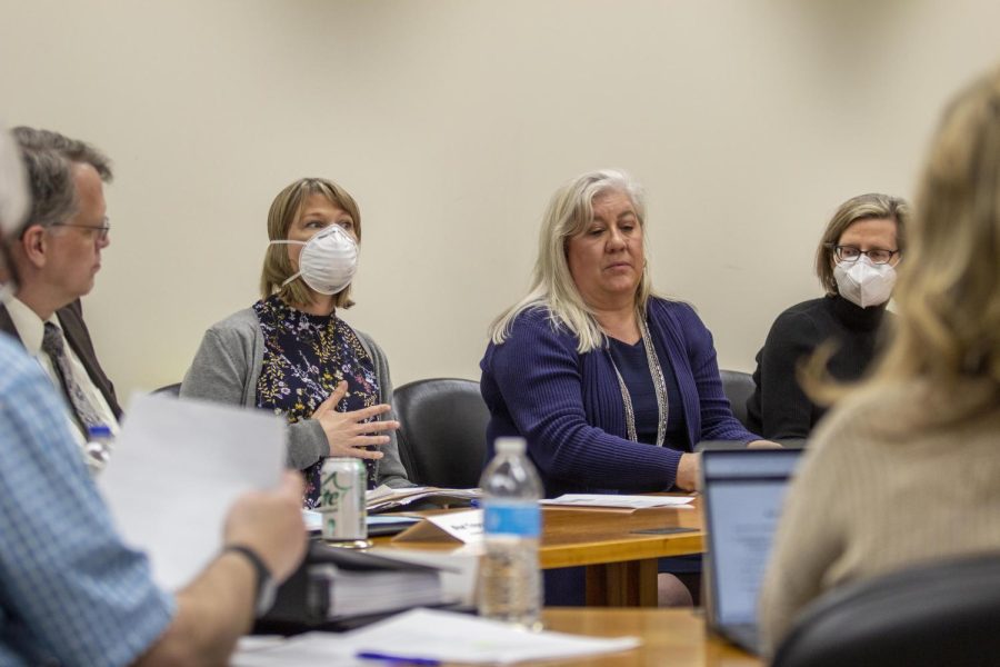From left, Nikki Hillier, professor in public health, and Julie Dietz, chair of public health and nutrition, give a presentation for a new Bachelors degree in health services which the CAA approved unanimously Thursday afternoon in the Witters Confernence Room. 