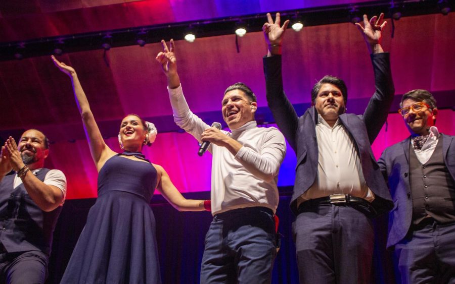 Las Cafeteras members, from left, drummer Jose Guadalupe Cruz Cano, vocalist Denise Carlos, vocalist Hector Paul Flores, keys player Jesus Gonzalez Ramirez and base player Moisès Baqueiro take bows after an encore of their performance in the Dvorak Concert Hall Thursday night.
