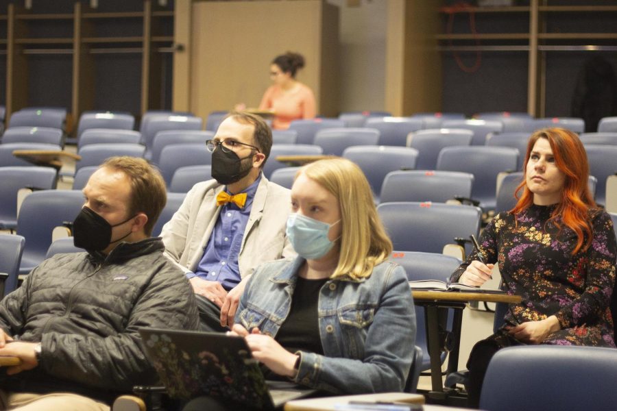 Students and faculty attend a lecture, “Touching the Past in a Radio Adaptation of Octavia E. Butler’s Kindred” by Dr. Andre Carrington in Coleman Hall Auditorium on Tuesday afternoon, April 12, 2022 in Charleston, Ill.