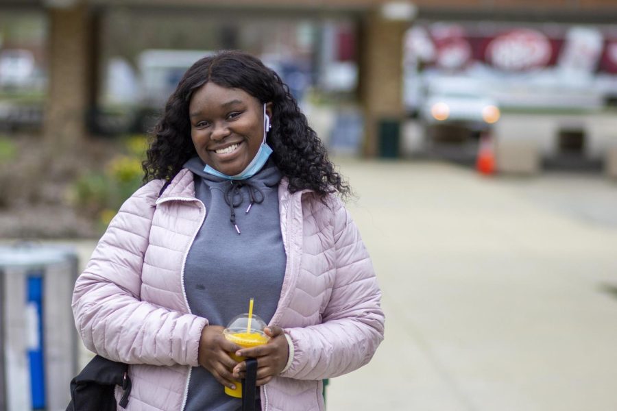 Sasha Redmond, a freshman theatre major, poses for a picture outside the Union Monday afternoon. Mond said Eastern has done a good job with addressing mental health. You know, some of us are working, some of us have other responsibilities, Mond said. But I do feel like administration really puts us first as people instead of just, you know, as students.